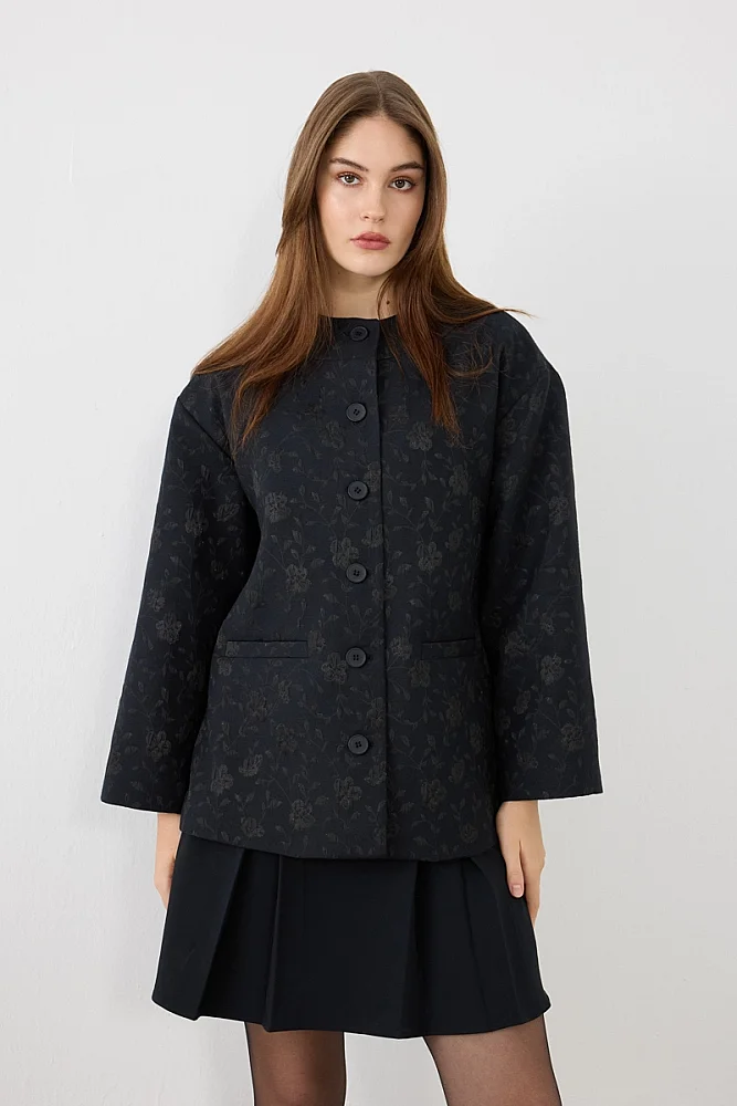 Yuvarlak Yakalı Jakar Kaftan - Lacivert Lacivert