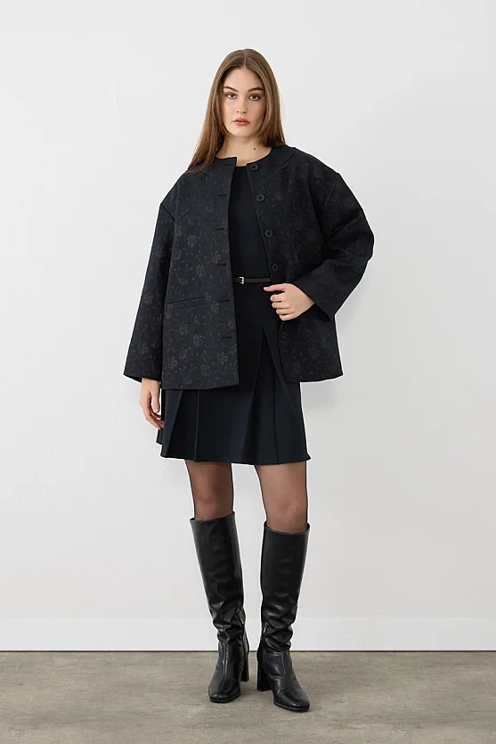 Yuvarlak Yakalı Jakar Kaftan - Lacivert - 3