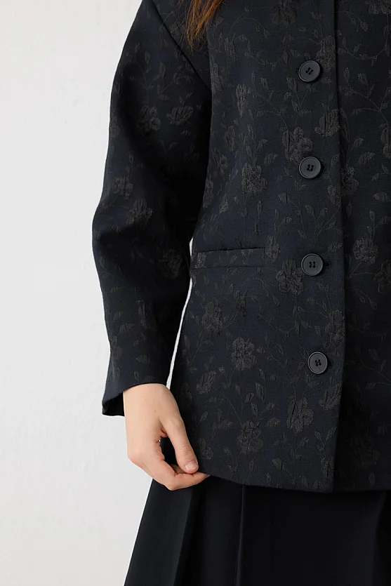 Yuvarlak Yakalı Jakar Kaftan - Lacivert - 5