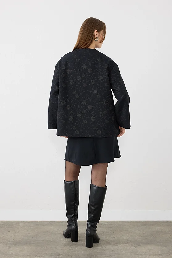 Yuvarlak Yakalı Jakar Kaftan - Lacivert - 6