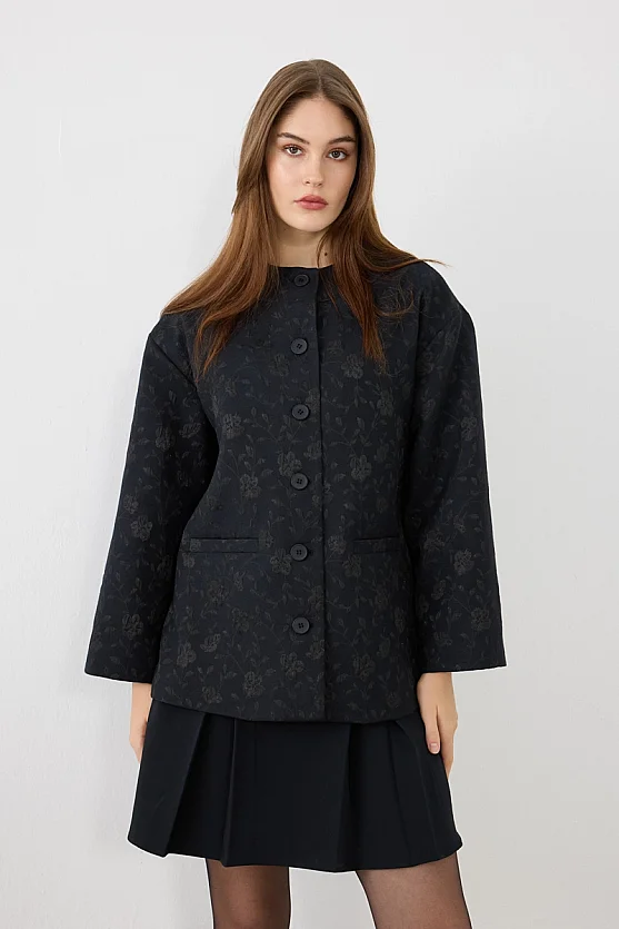 Yuvarlak Yakalı Jakar Kaftan - Lacivert - Gusto