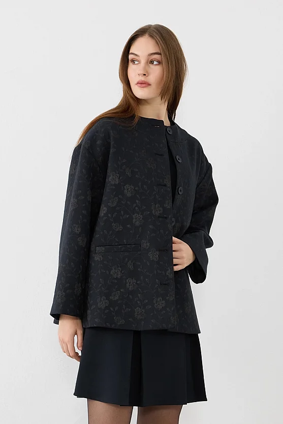 Yuvarlak Yakalı Jakar Kaftan - Lacivert - Gusto
