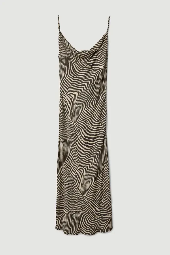 Zebra Desenli Degaje Yakalı Uzun Elbise - Siyah - 7