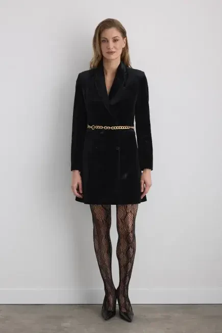 Zincir Kemerli Kadife Ceket Elbise - Siyah Siyah