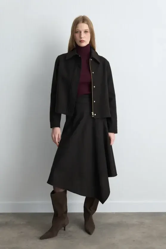 Zipped Wool Coat Jacket - Brown - 4