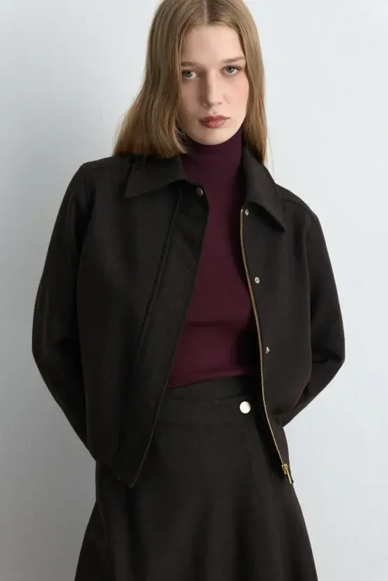 Zipped Wool Coat Jacket - Brown - 2