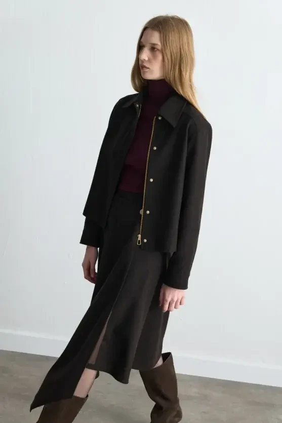 Zipped Wool Coat Jacket - Brown - 5