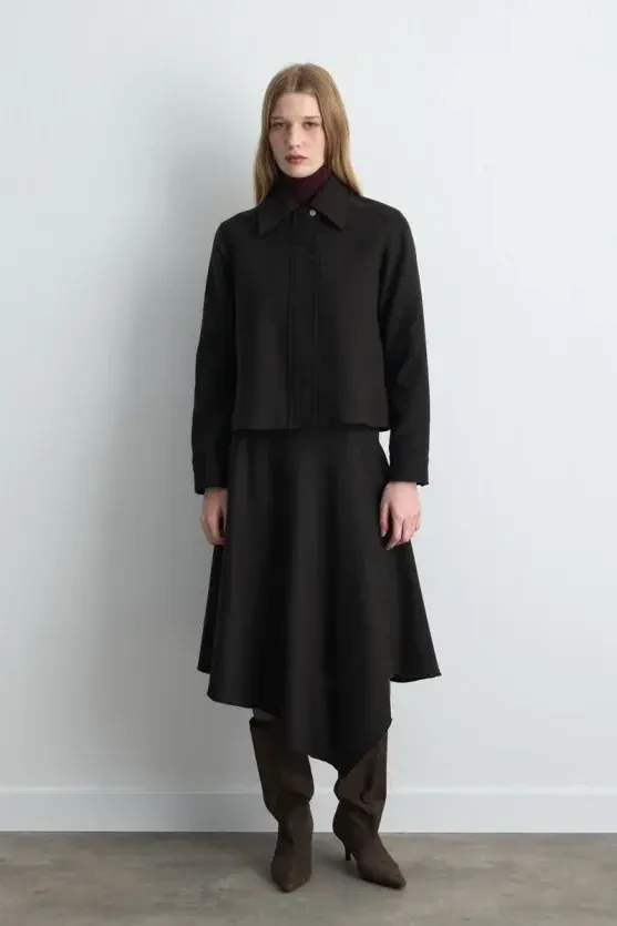 Zipped Wool Coat Jacket - Brown - 6