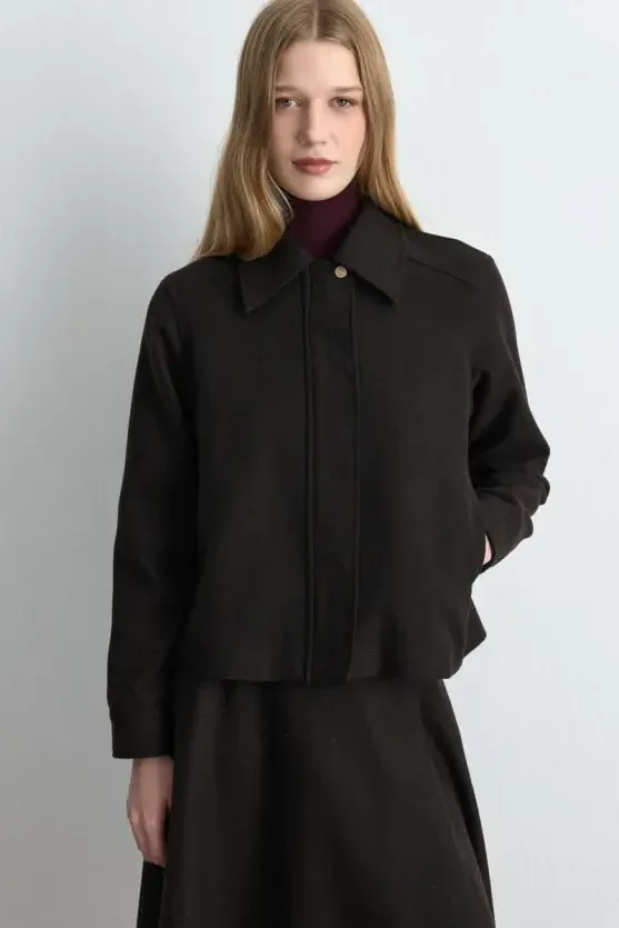 Zipped Wool Coat Jacket - Brown - 7