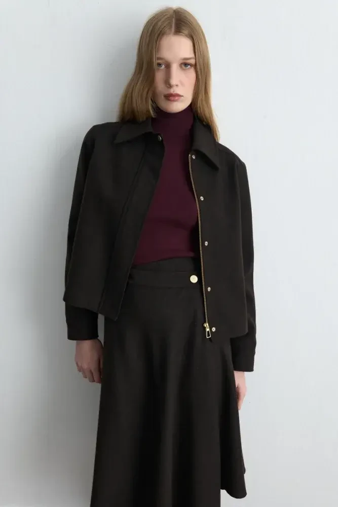 Zipped Wool Coat Jacket - Brown