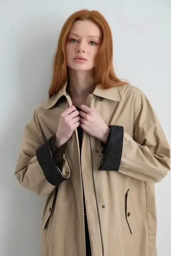 Zippered Cotton Trench Coat - Beige - Gusto